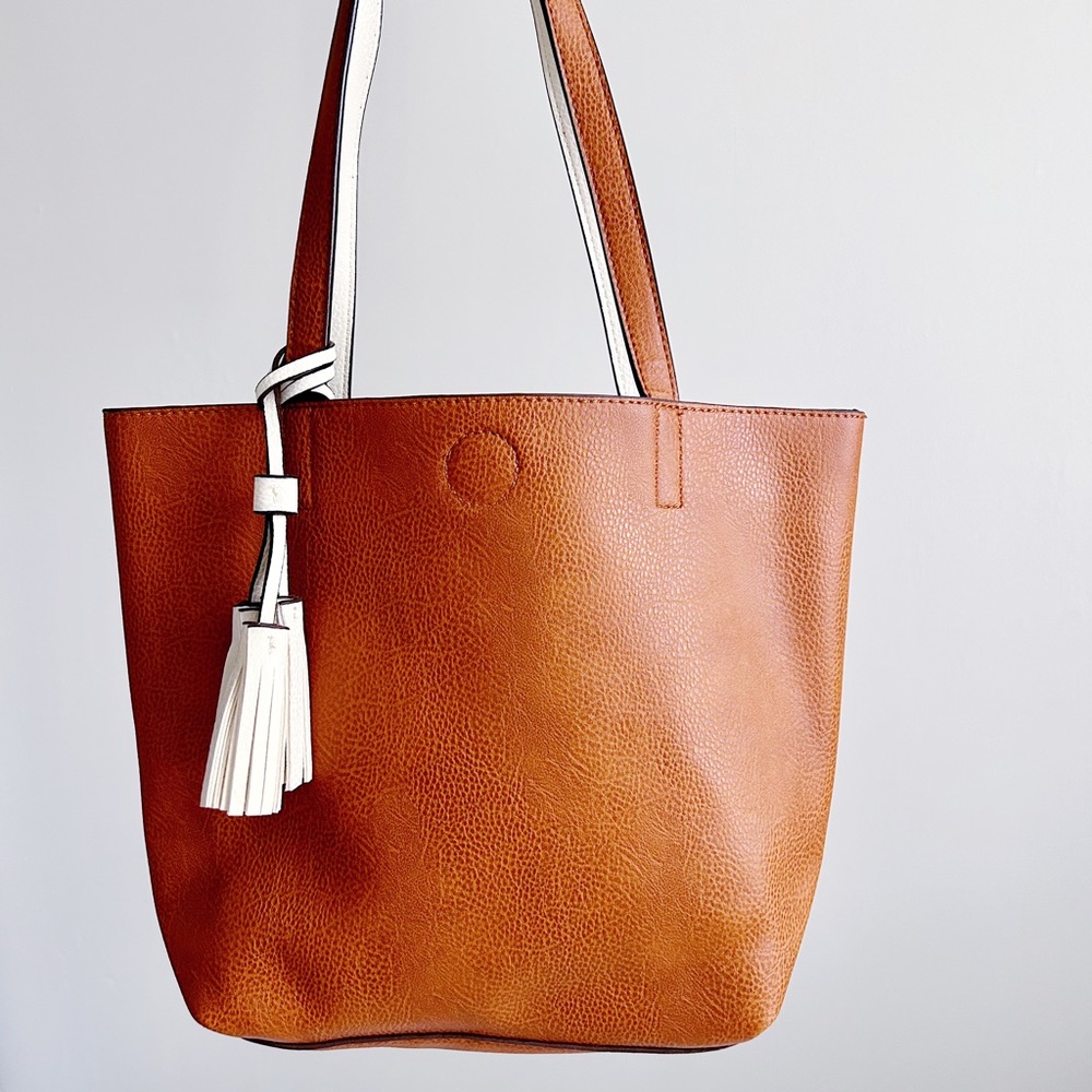 Faux Leather Small Shoulder Tote Bag Brown